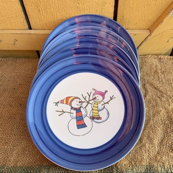 Christmas Swirl Hand Painted Snowman Plates Set 5 - Picture 1 of 4